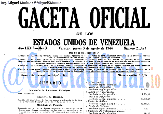 Gaceta Oficial 21474 del 3 Agosto 1944