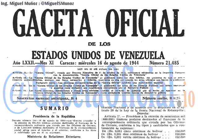 Gaceta Oficial 21485 del 16 Agosto 1944