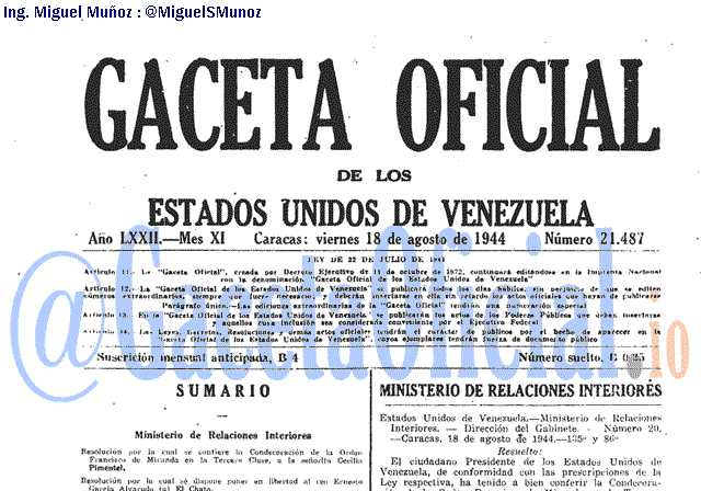 Gaceta Oficial 21487 del 18 Agosto 1944