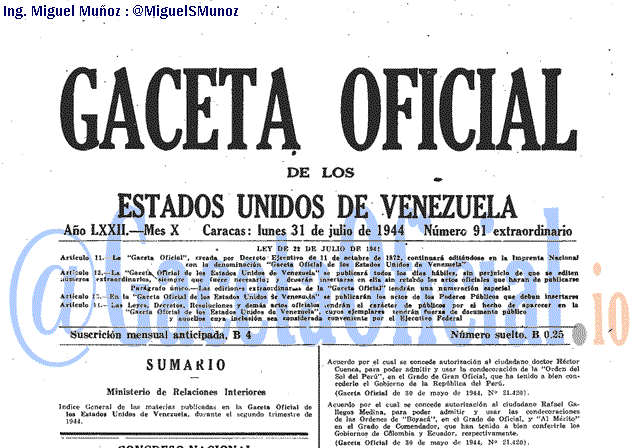 Gaceta Oficial 91 del 31 Julio 1944