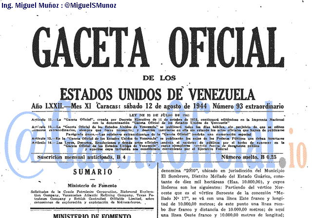 Gaceta Oficial 93 del 12 Agosto 1944
