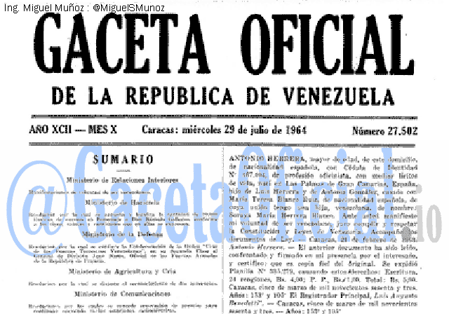 Gaceta Oficial 27502 del 29 Julio 1964