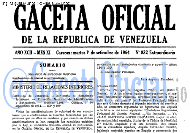 Gaceta Oficial 922 del 1 Septiembre 1964