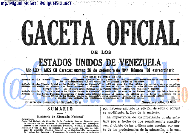 Gaceta Oficial 101 del 26 Septiembre 1944