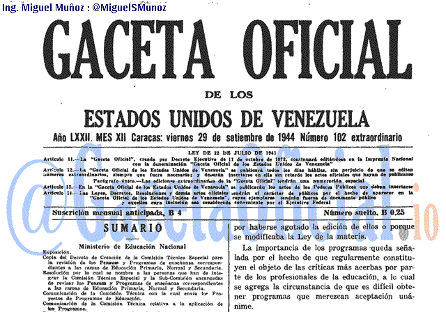 Gaceta Oficial 102 del 29 Septiembre 1944