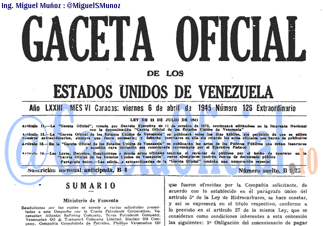Gaceta Oficial 126 del 6 Abril 1945