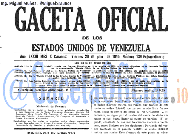 Gaceta Oficial 139 del 20 Julio 1945