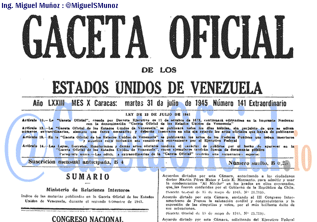 Gaceta Oficial 141 del 31 Julio 1945