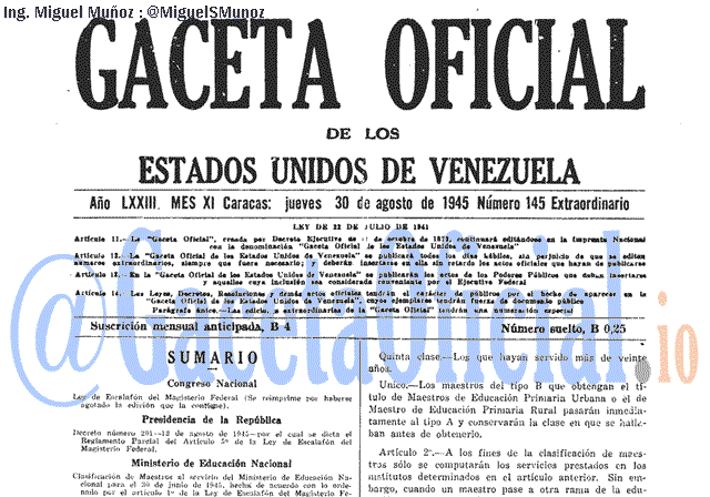 Gaceta Oficial 145 del 30 Agosto 1945