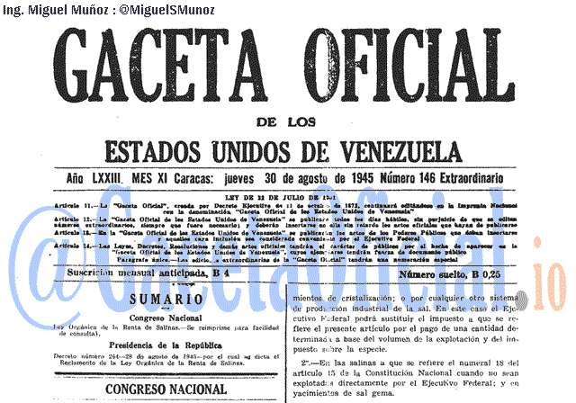 Gaceta Oficial 146 del 30 Agosto 1945