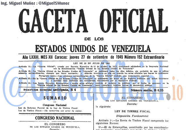 Gaceta Oficial 152 del 27 Septiembre 1945