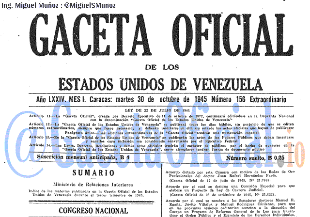 Gaceta Oficial 156 del 30 Octubre 1945