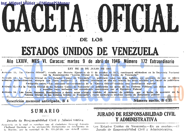 Gaceta Oficial 172 del 9 Abril 1946