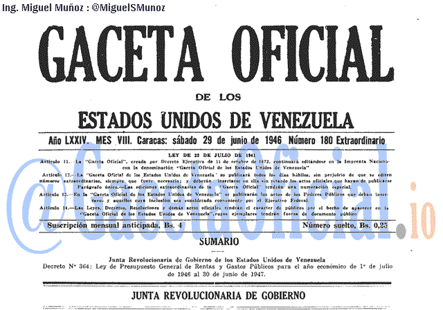 Gaceta Oficial 180 del 29 Junio 1946