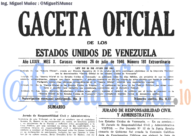 Gaceta Oficial 181 del 26 Julio 1946