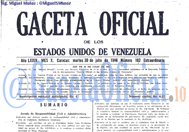 Gaceta Oficial 182 del 30 Julio 1946