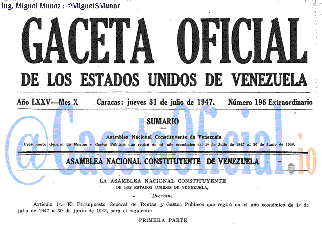 Gaceta Oficial 196 del 31 Julio 1947
