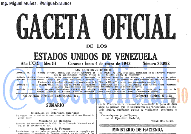 Gaceta Oficial 20992 del 4 Enero 1943