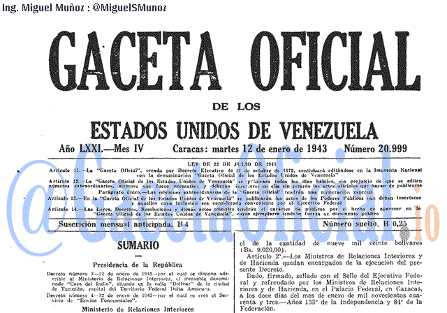 Gaceta Oficial 20999 del 12 Enero 1943
