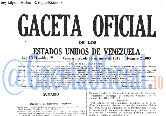 Gaceta Oficial 21003 del 16 Enero 1943