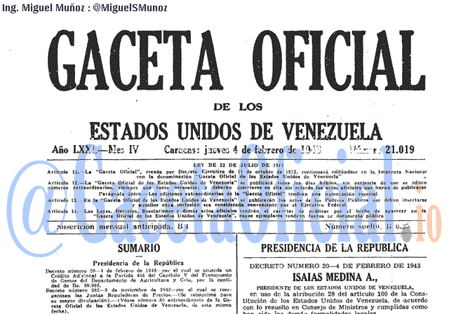 Gaceta Oficial 21019 del 4 Febrero 1943