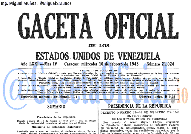 Gaceta Oficial 21024 del 10 Febrero 1943
