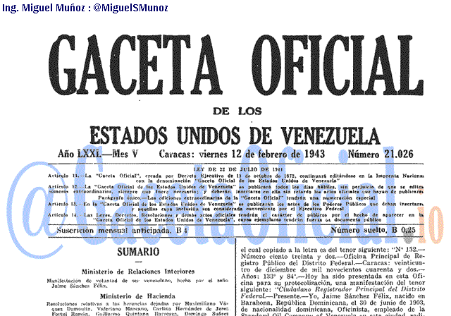 Gaceta Oficial 21026 del 12 Febrero 1943
