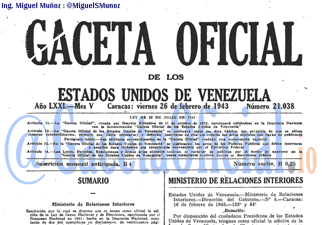 Gaceta Oficial 21038 del 26 Febrero 1943