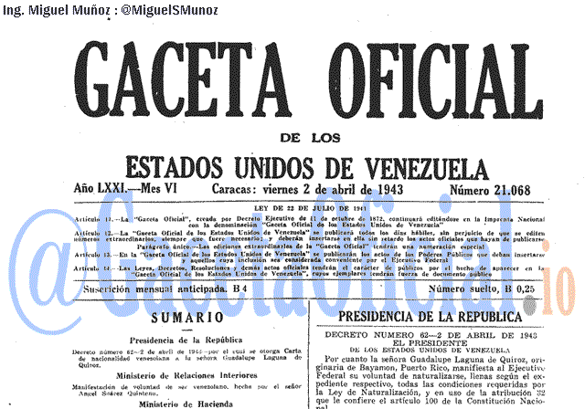 Gaceta Oficial 21068 del 2 Abril 1943