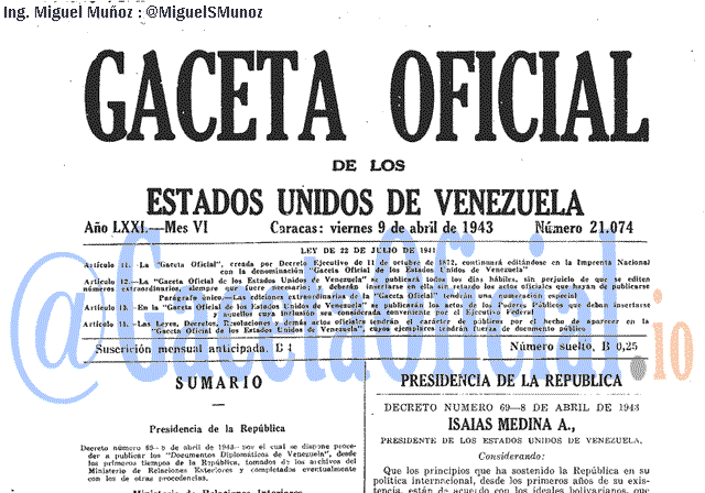 Gaceta Oficial 21074 del 9 Abril 1943