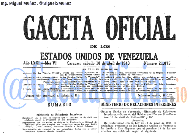 Gaceta Oficial 21075 del 10 Abril 1943