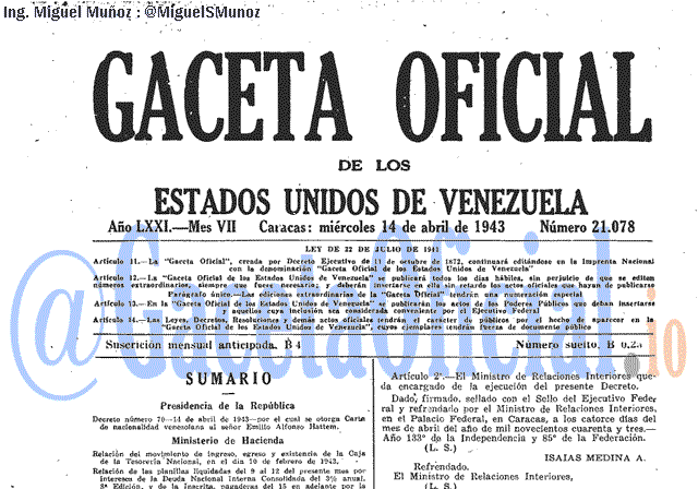 Gaceta Oficial 21078 del 14 Abril 1943