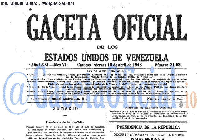 Gaceta Oficial 21080 del 16 Abril 1943