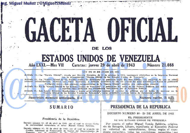 Gaceta Oficial 21088 del 29 Abril 1943