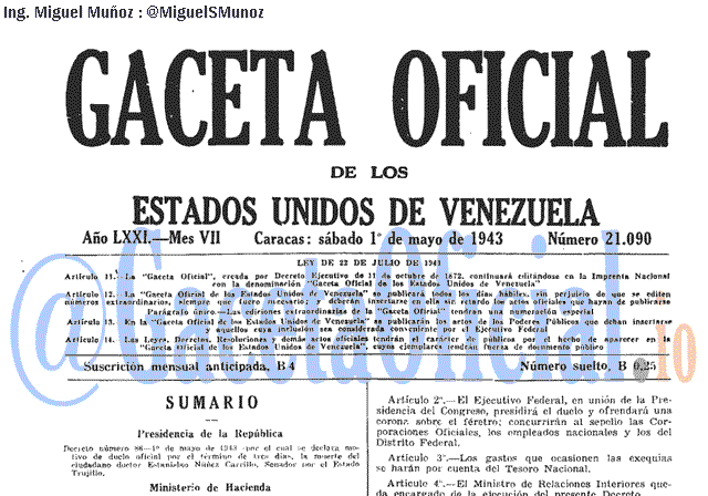 Gaceta Oficial 21090 del 1 Mayo 1943