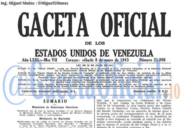 Gaceta Oficial 21096 del 8 Mayo 1943