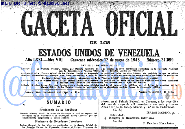 Gaceta Oficial 21099 del 12 Mayo 1943