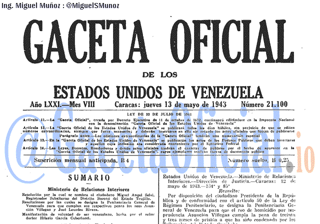 Gaceta Oficial 21100 del 13 Mayo 1943