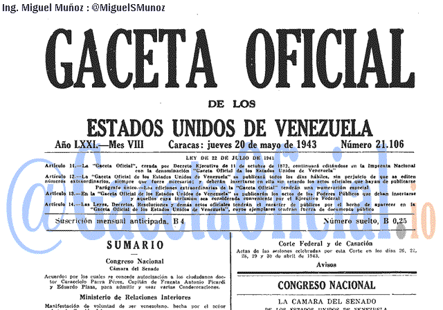 Gaceta Oficial 21106 del 20 Mayo 1943