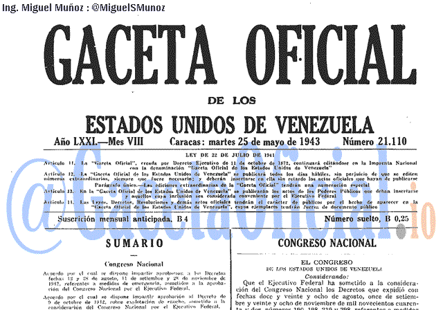 Gaceta Oficial 21110 del 25 Mayo 1943