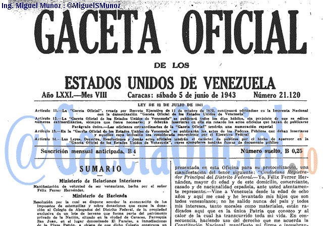 Gaceta Oficial 21120 del 5 Junio 1943