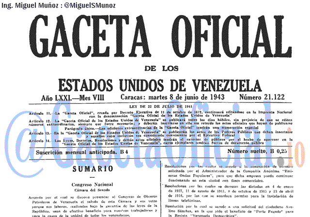Gaceta Oficial 21122 del 8 Junio 1943
