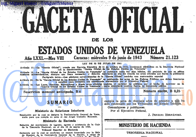 Gaceta Oficial 21123 del 9 Junio 1943