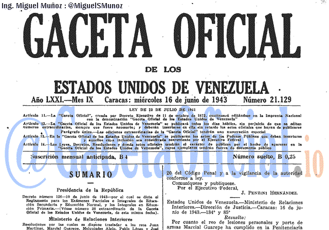 Gaceta Oficial 21129 del 16 Junio 1943