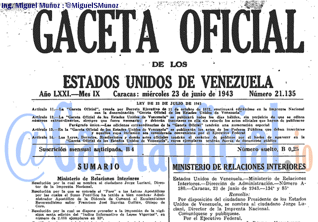 Gaceta Oficial 21135 del 23 Junio 1943