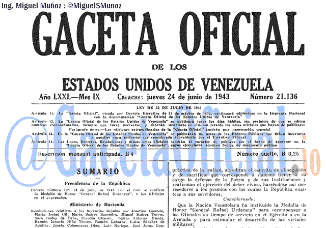 Gaceta Oficial 21136 del 24 Junio 1943