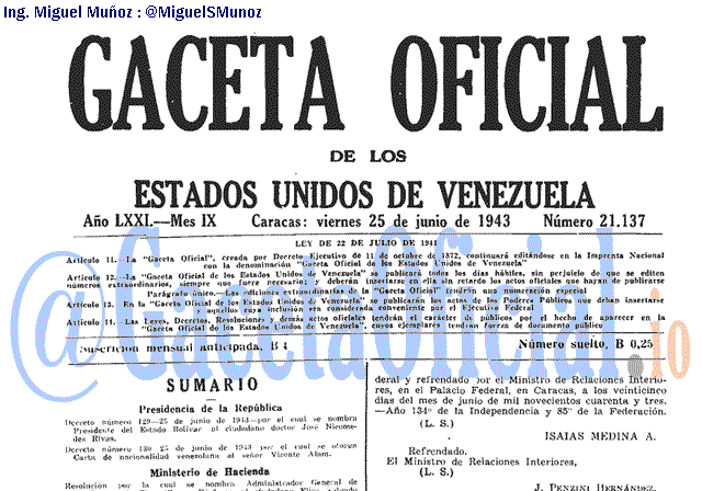 Gaceta Oficial 21137 del 25 Junio 1943