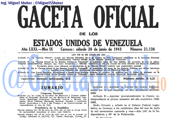 Gaceta Oficial 21138 del 26 Junio 1943