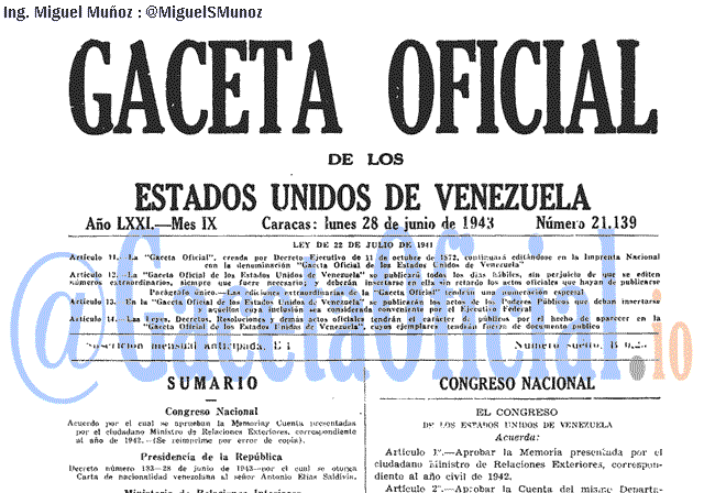 Gaceta Oficial 21139 del 28 Junio 1943