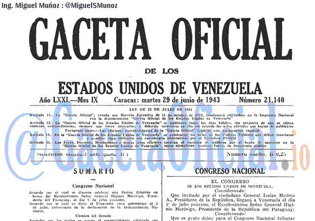 Gaceta Oficial 21140 del 29 Junio 1943